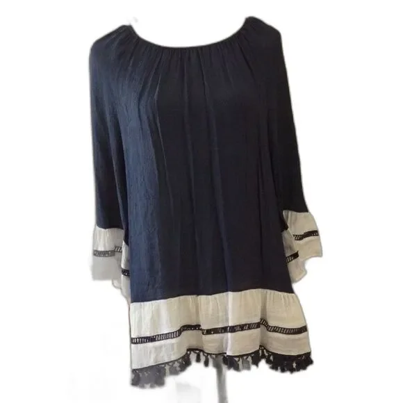 Indigo Soul Tunic Blouse Women’s Size Large Color Navy White 3/4 Sleeve - Picture 2 of 13